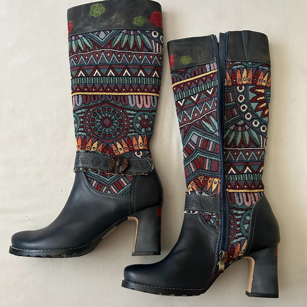 L' Artiste Natalia Dusky Blue Hand Painted Leather with Tapestry 37 (6.5-7)M NIB